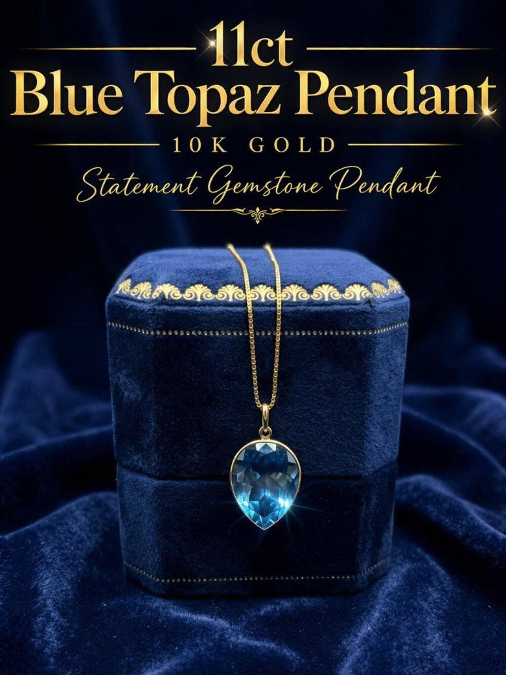 11ct Blue Topaz Pendant 10K Gold, Large Pear Blue Topaz Necklace Pendant